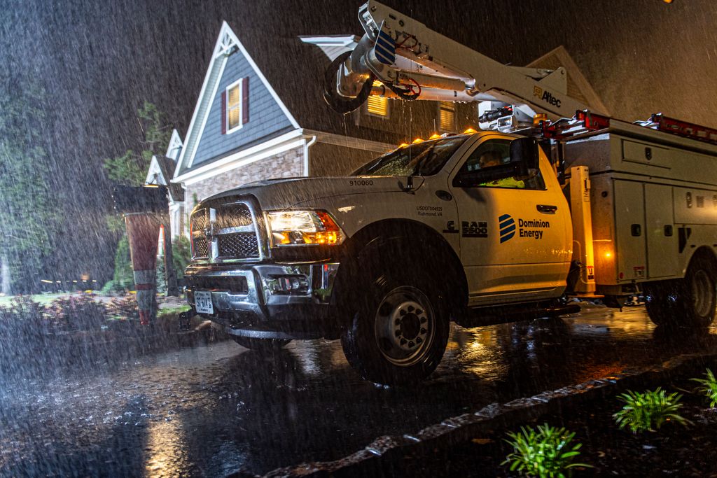 Dominion Energy Truck in downpour